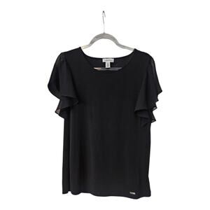 CALVIN KLEIN Womens SM Black Scoop-Neck Flutter-Sleeve Top S/S Lightweight